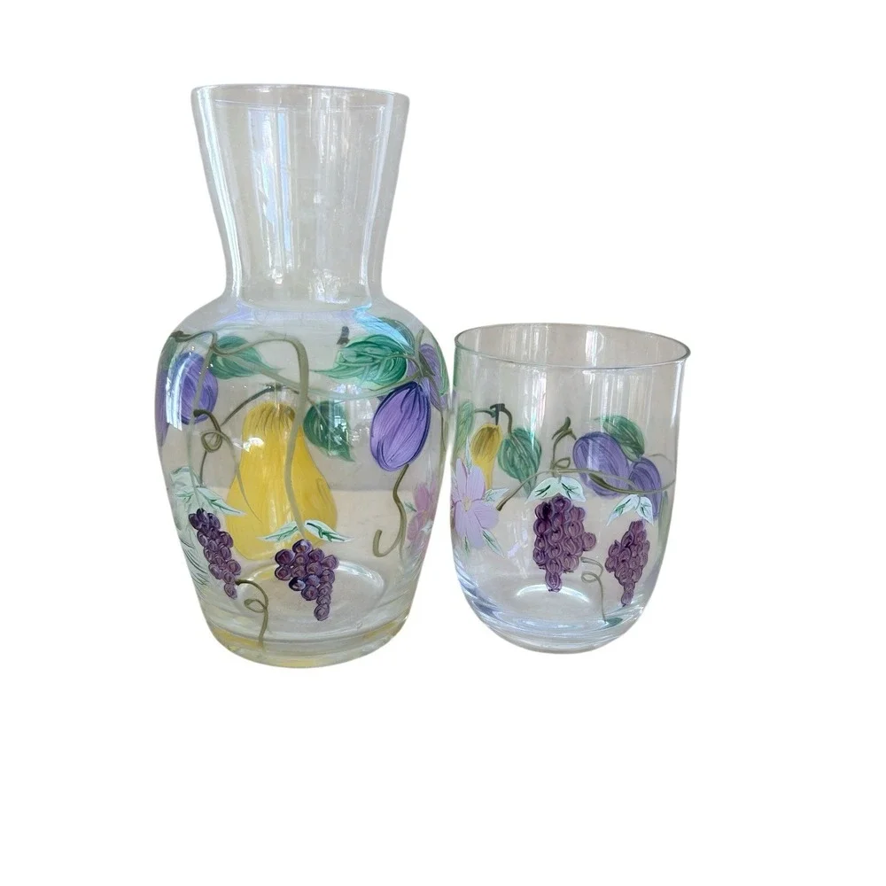 Vintage Hand Painted Floral Tumble Up Glass Bedside Water‎ Carafe Set